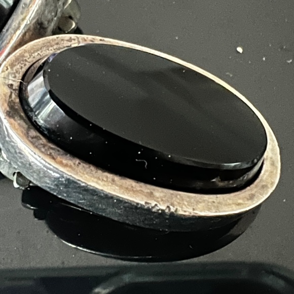 Vintage Taxco 950 Silver Earrings Clip on Black Onyx Large Mexican Modernist - Picture 3 of 7